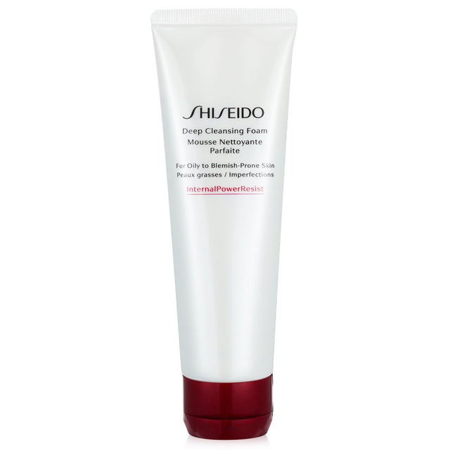 Shiseido Defend Beauty Deep Cleansing Foam in 125ml tube, designed for oily skin, removes impurities without stripping moisture.