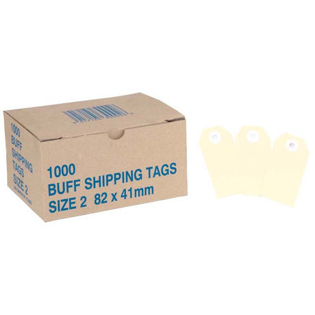 Globe Manilla Tags No.2 in a box of 1000, 82x41mm, perfect for labeling packages, luggage, and freight with a sturdy design.