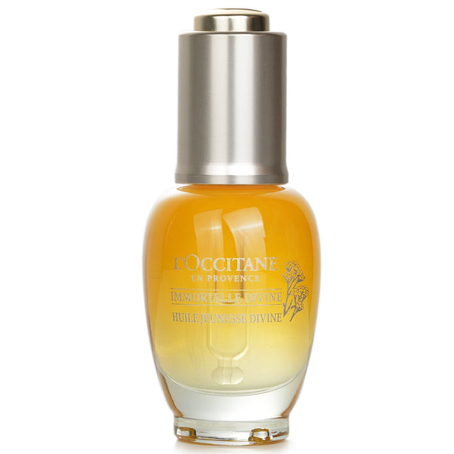 L'Occitane Immortelle Divine Youth Oil in a 30ml bottle, a luxurious anti-aging treatment for firm, radiant skin.