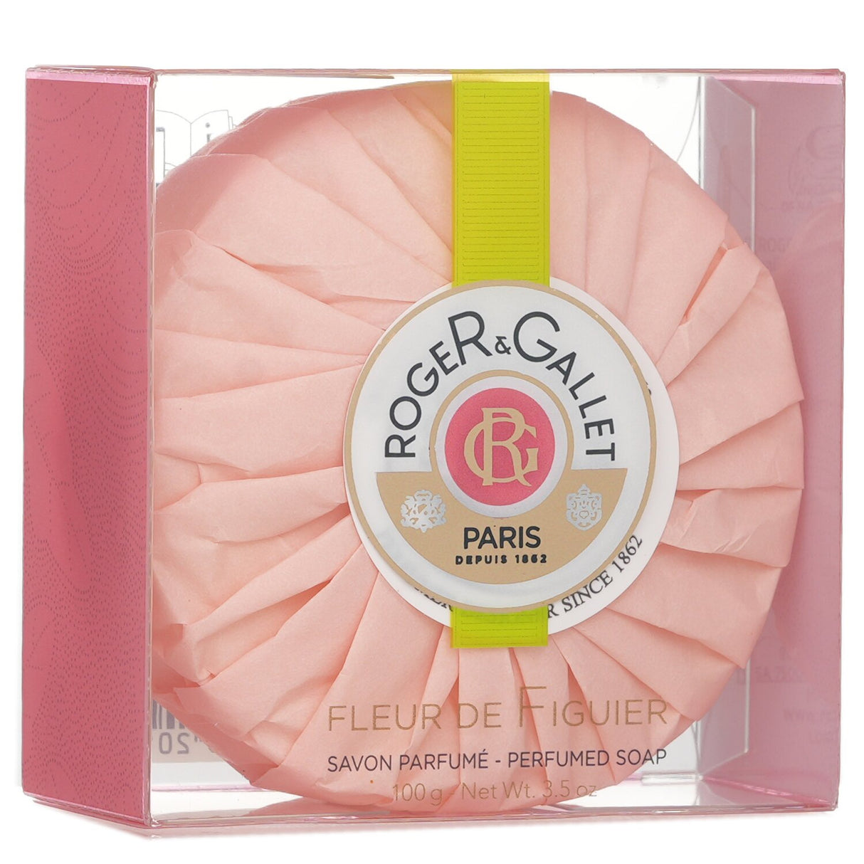 Luxurious Roger & Gallet Fleur De Figuier perfumed soap, 100g, infused with fig fragrance for soft, moisturized skin.