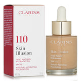 Clarins Skin Illusion Foundation SPF 15 in #110 Honey, a lightweight formula for hydration and natural glow on all skin types.