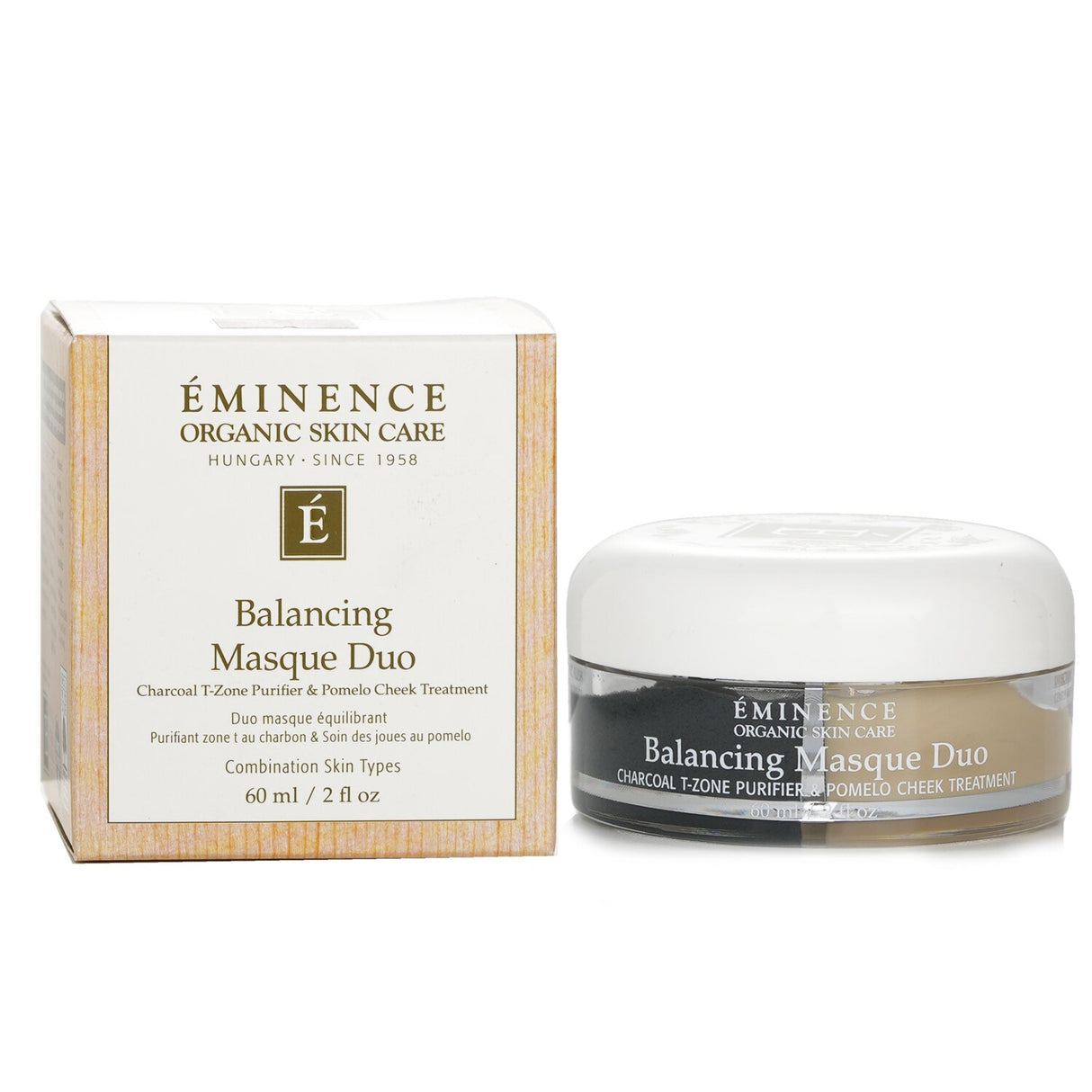 Eminence Balancing Masque Duo, featuring Charcoal T-Zone Purifier for detoxifying and Pomelo Cheek Treatment for hydration.