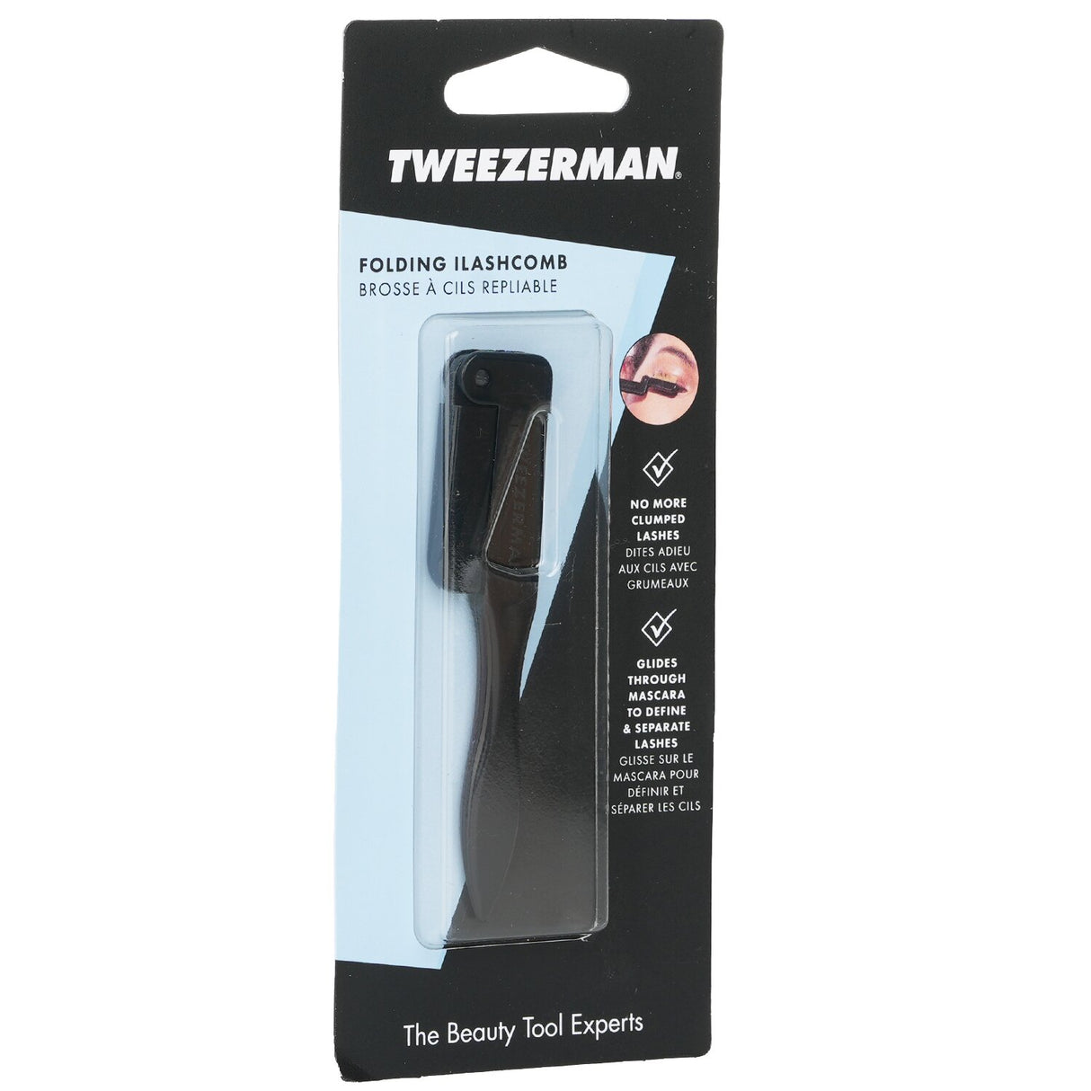 Tweezerman Folding Ilashcomb with gold-plated teeth for flawless, clump-free lashes; foldable design for easy storage.