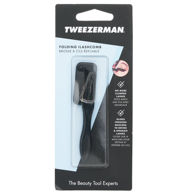 Tweezerman Folding Ilashcomb with gold-plated teeth for clump-free, defined lashes; foldable design for easy storage.