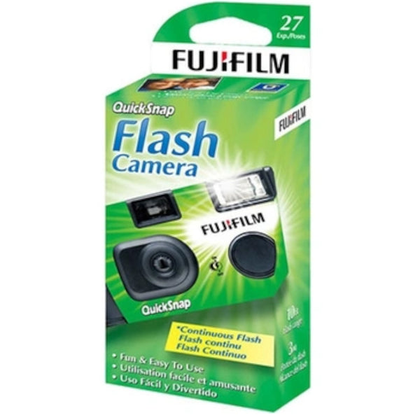 Fujifilm QuickSnap 800 Flash 400 disposable camera with built-in flash, 27 exposures, and compact design for vibrant photos.