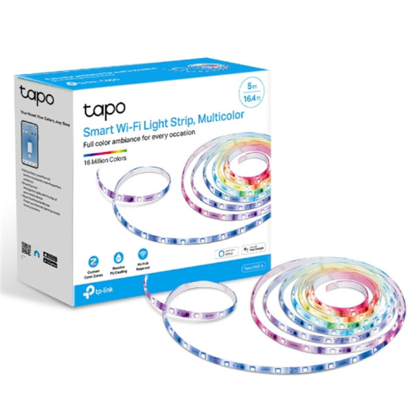 Multicolor TP-Link Tapo Smart LED Light Strip, 5m long with 50 customizable zones for vibrant home lighting effects.