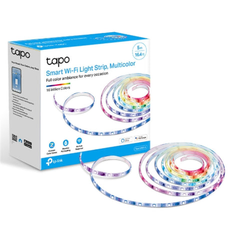 Multicolor TP-Link Tapo Smart LED Light Strip, 5m long with 50 customizable zones for vibrant home lighting effects.