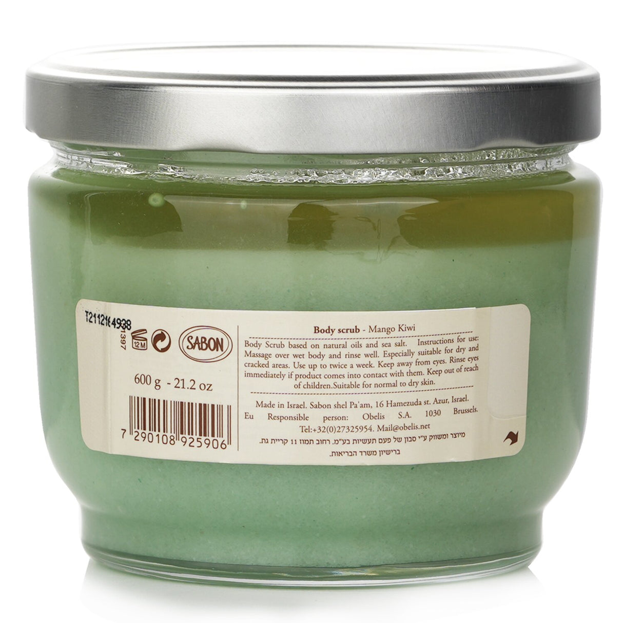 Sabon Body Scrub in Mango Kiwi, 600g, features Dead Sea Salt for exfoliation and nourishing oils for soft, renewed skin.