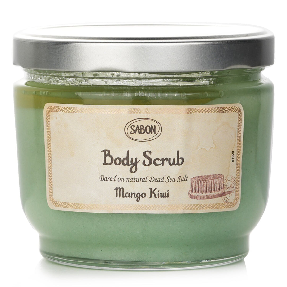 Revitalizing Sabon Body Scrub with Mango Kiwi scent, featuring Dead Sea Salt for gentle exfoliation and natural oils for hydration.