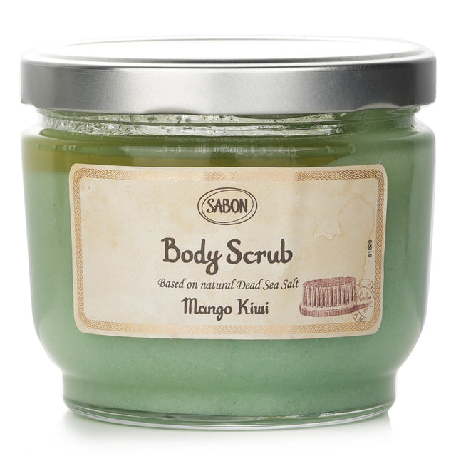 Revitalizing Sabon Body Scrub with Mango Kiwi scent, featuring Dead Sea Salt for gentle exfoliation and natural oils for hydration.