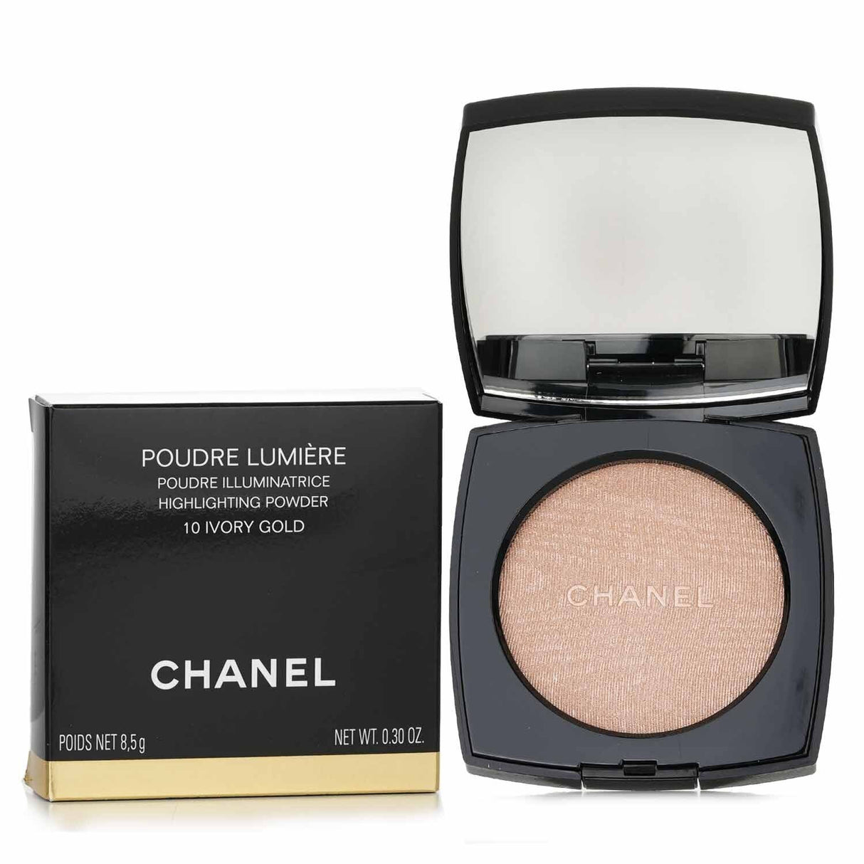 Chanel Poudre Lumiere Highlighting Powder in #10 Ivory Gold, a shimmery compact for an elegant, luminous glow on all skin types.