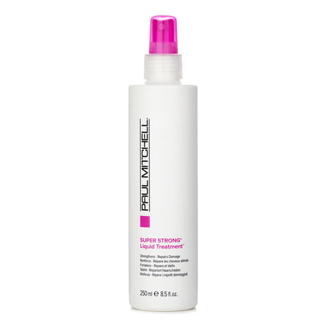 Paul Mitchell Super Strong Liquid Treatment in a sleek bottle, designed to repair and strengthen damaged hair with a refreshing scent.