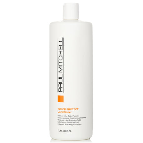 Paul Mitchell Color Protect Conditioner in a 1000ml bottle, preserves color and protects against sun damage for vibrant, soft hair.