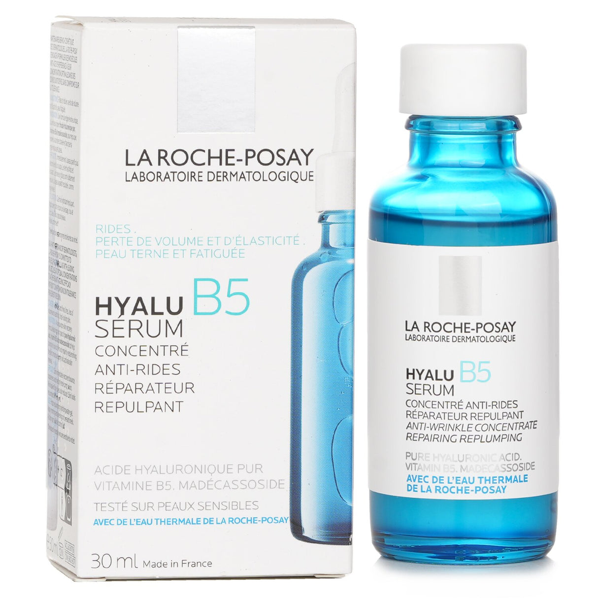 Hydrating La Roche Posay Hyalu B5 Serum in a 30ml bottle, ideal for sensitive skin with anti-wrinkle and revitalizing properties.