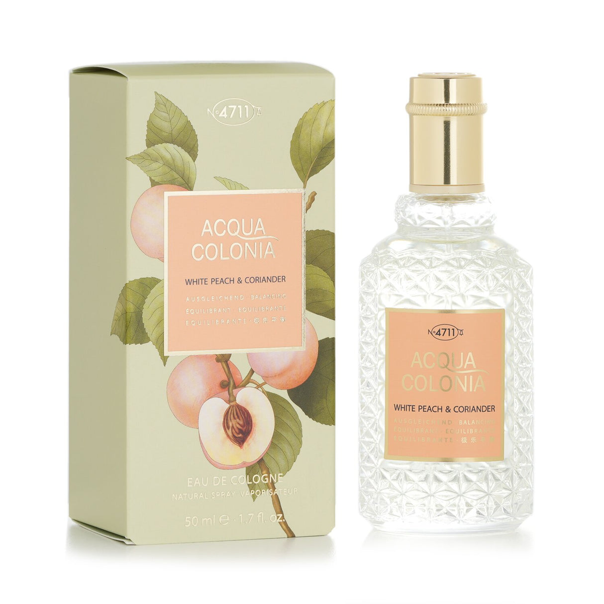 Eau de cologne spray featuring fresh white peach and coriander notes, ideal for daily wear. 50ml bottle, unisex fragrance.