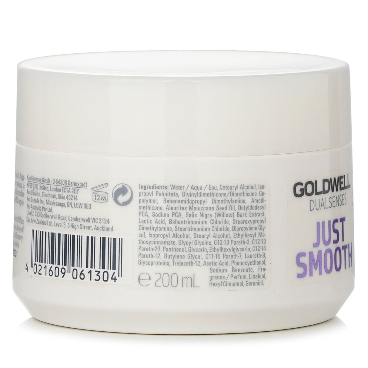 Goldwell Dual Senses Just Smooth 60SEC Treatment for unruly hair, infused with Kukui Nut Oil for hydration and frizz control.