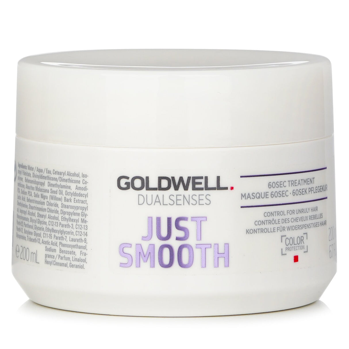 Goldwell Dual Senses Just Smooth 60SEC Treatment for unruly hair, infused with Kukui Nut Oil for sleek, shiny results.