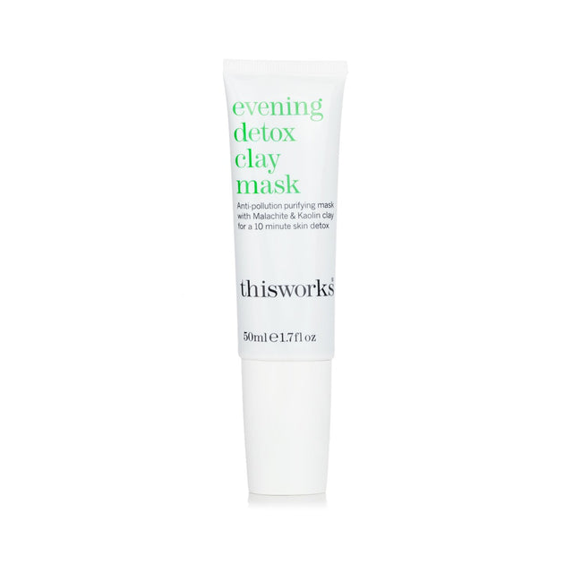 This Works Evening Detox Clay Mask in a 50ml tube, formulated with Kaolin clay and multi-fruit acids for radiant skin.