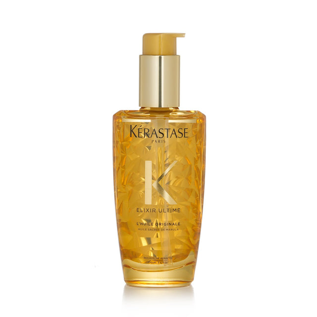 Kerastase Elixir Ultime beautifying oil in a 100ml bottle for dull hair, boosting shine and managing frizz with floral scents.