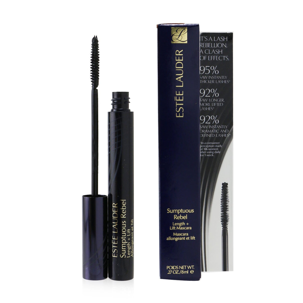 Estee Lauder Sumptuous Rebel Length + Lift Mascara in #01 Black, 8ml, offers dramatic lift and length with a sleek, precise brush.