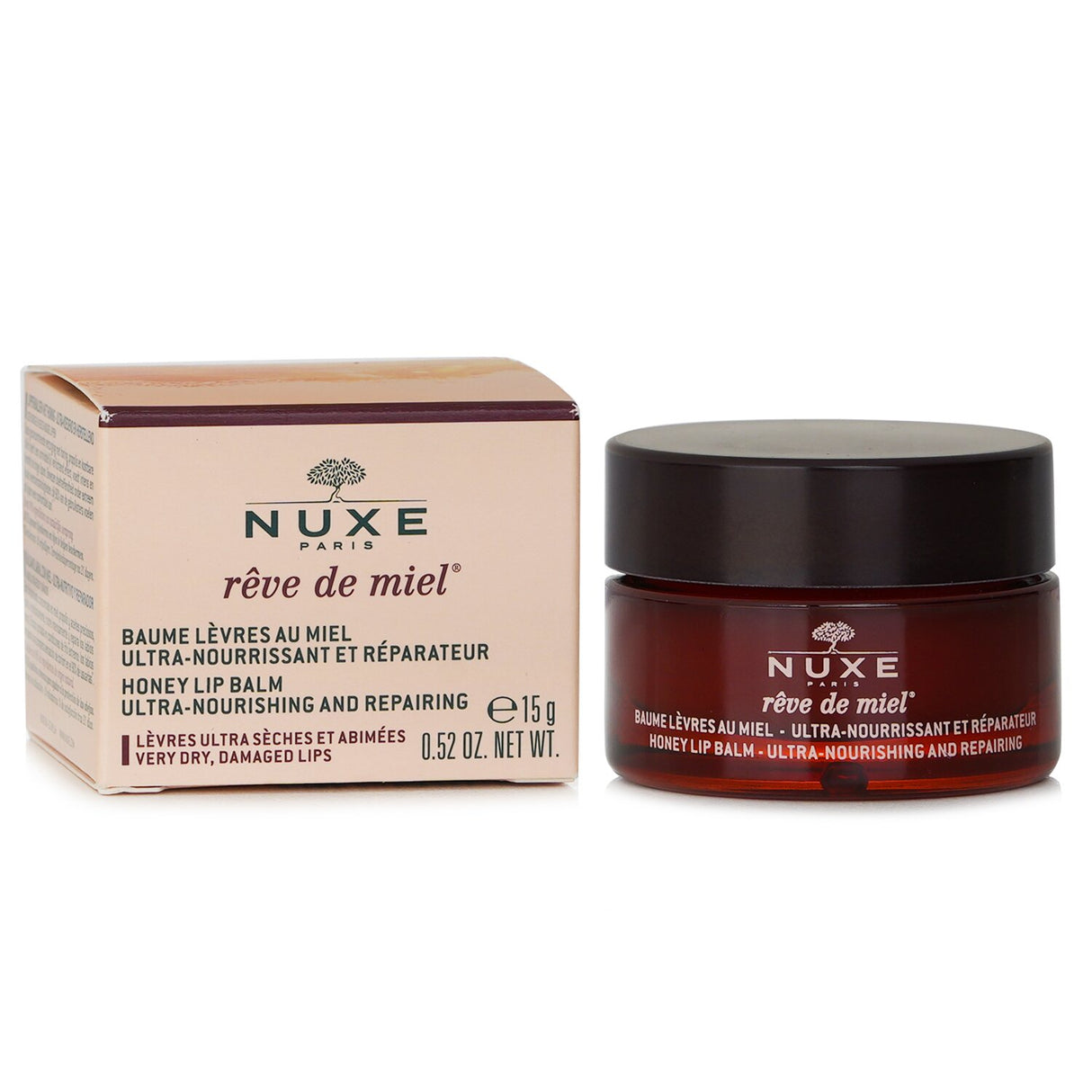 Nuxe Reve De Miel Honey Lip Balm for very dry lips, enriched with honey and botanical oils for intense nourishment and repair.