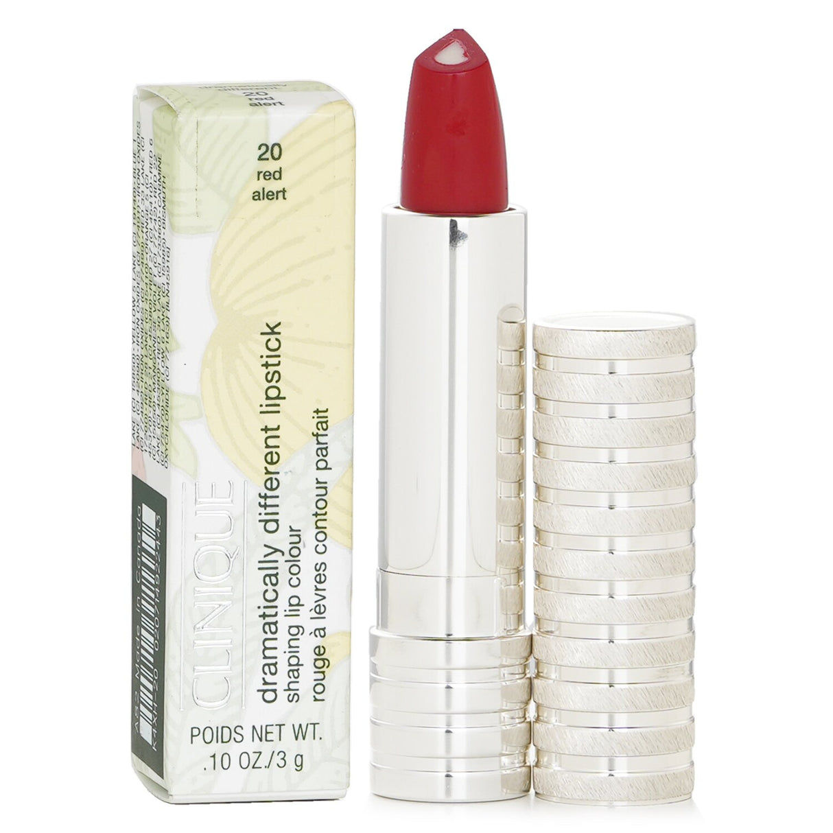 Hydrating lipstick in #20 Red Alert, offering vibrant color and lip contouring with 3D Pearl technology for a bold look.