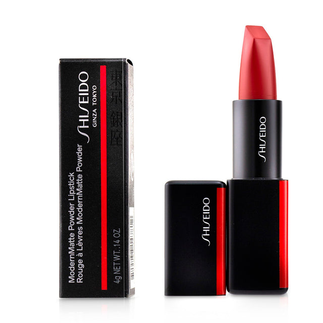 Shiseido ModernMatte Powder Lipstick #510 Night Life, vibrant orange-red with an 8-hour non-drying matte finish.