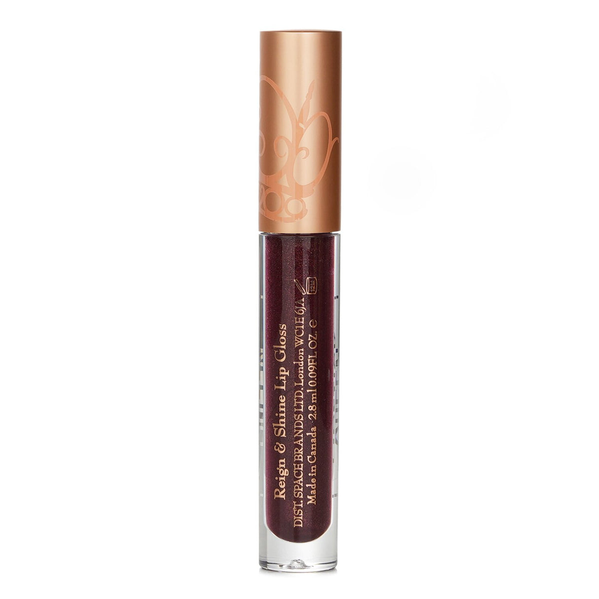 Luxurious Merlot lip gloss with crushed golden pearls, providing hydrating, non-sticky shine and buildable color intensity.