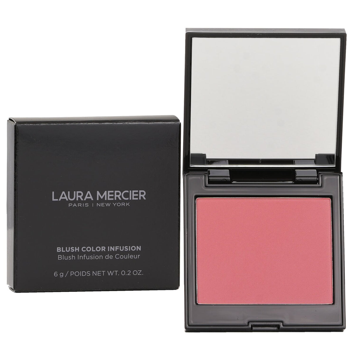 Silky-matte rose pink blush providing a natural flush; sheer, buildable color lasts up to ten hours, suitable for all skin types.