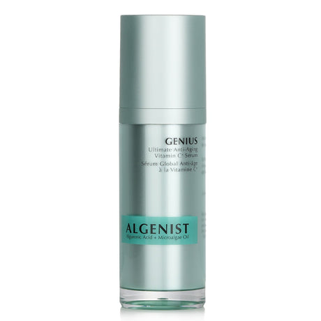 Algenist GENIUS Vitamin C+ Serum in a 30ml bottle, promotes anti-aging and brightens skin with Alguronic Acid and Microalgae Oil.