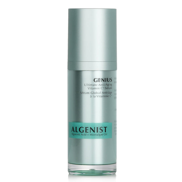 Algenist GENIUS Vitamin C+ Serum in a 30ml bottle, promotes anti-aging and brightens skin with Alguronic Acid and Microalgae Oil.