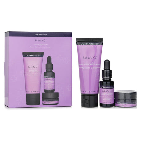 DERMAdoctor Kakadu C Brightening Kit with Daily Cleanser, 20% Vitamin C Serum, and Eye Souffle for radiant skin.