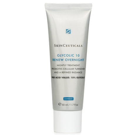SkinCeuticals Glycolic 10 Renew Overnight cream, 50ml, with 10% glycolic acid for enhanced exfoliation and radiant skin.