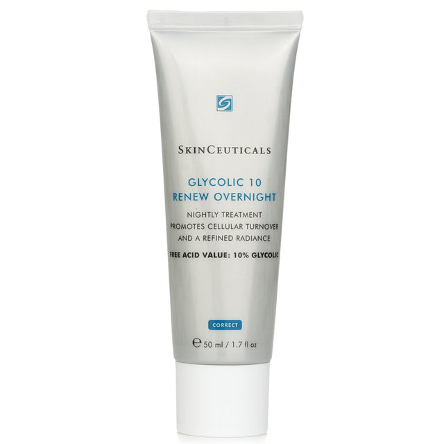 SkinCeuticals Glycolic 10 Renew Overnight cream, 50ml, with 10% glycolic acid for enhanced exfoliation and radiant skin.