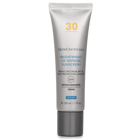 SkinCeuticals Brightening UV Defense SPF30 sunscreen in a 30ml bottle, offers pigmentation reduction and hydration with UV protection.