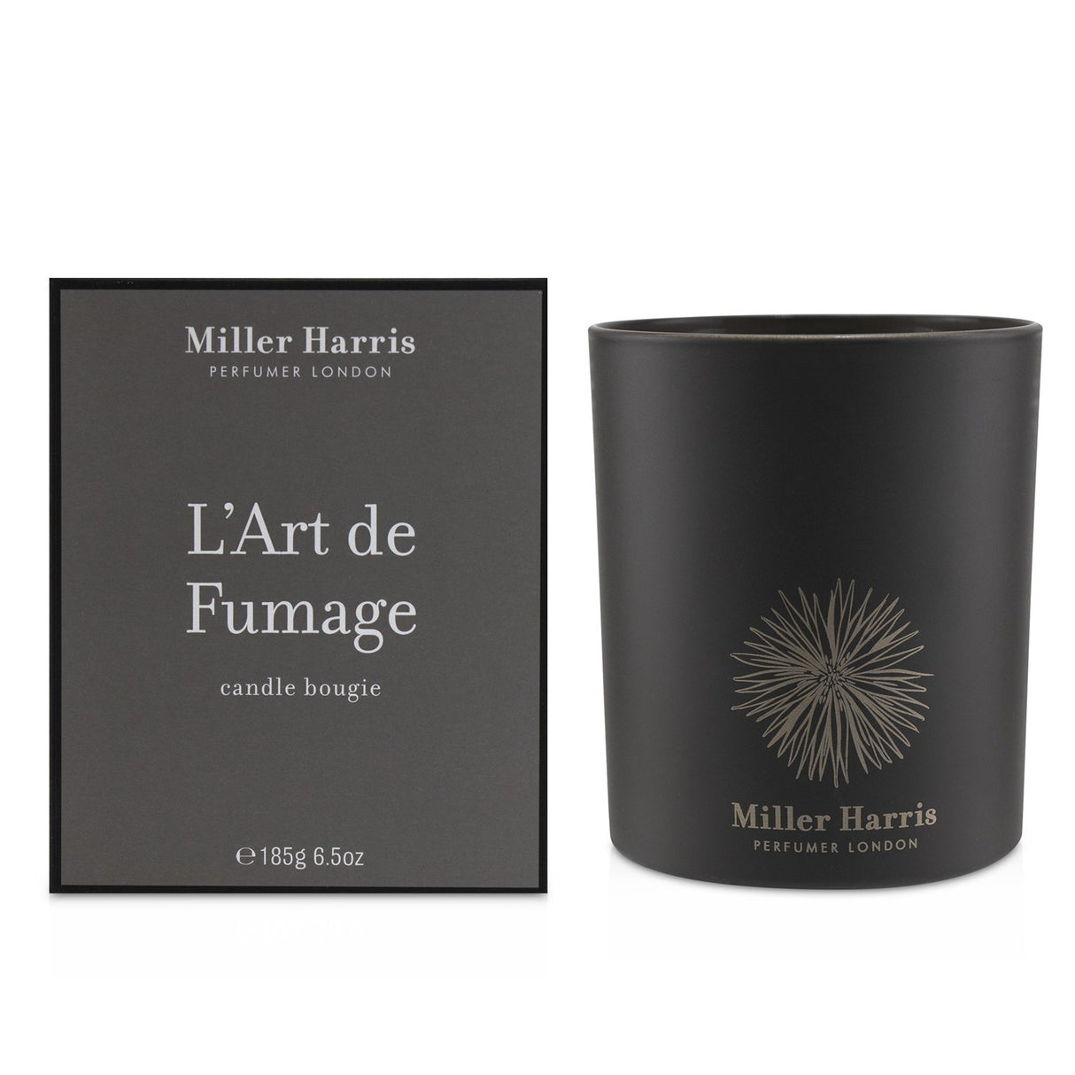 Miller Harris L'Art De Fumage candle, 185g, featuring uplifting citrus scent and 40-hour burn time for a luxurious ambiance.