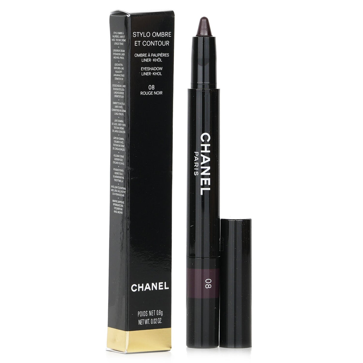 Chanel Stylo Ombre Et Contour in #08 Rouge Noir, a 3-in-1 creamy eyeshadow, liner, and khol for versatile eye makeup.