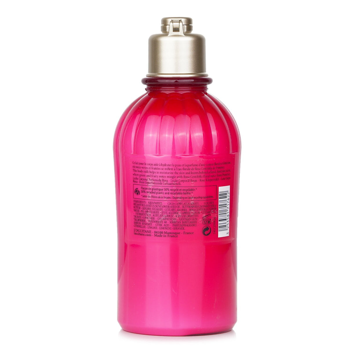 L'Occitane Rose Body Lotion in a 250ml bottle, enriched with shea butter and rose water for soft, hydrated skin.