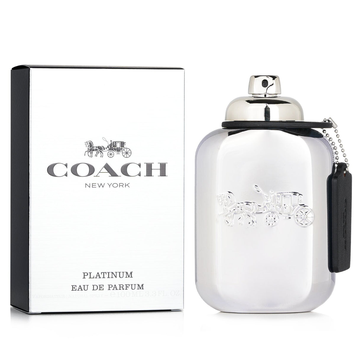 Coach Platinum Eau De Parfum Spray in a sleek 100ml bottle, featuring an oriental woody scent with spicy and sweet notes.