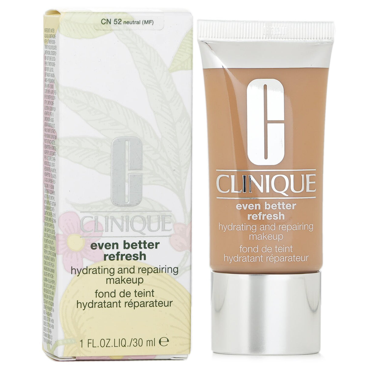 Hydrating fluid foundation by Clinique, #CN 52 Neutral, offers 24-hour coverage with hyaluronic acid and salicylic acid benefits.