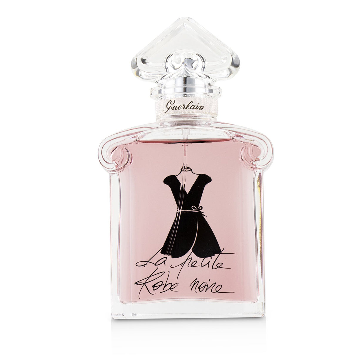 Heart-shaped bottle of Guerlain La Petite Robe Noire Ma Robe Velours, a fruity floral perfume with pink hues, perfect for women.