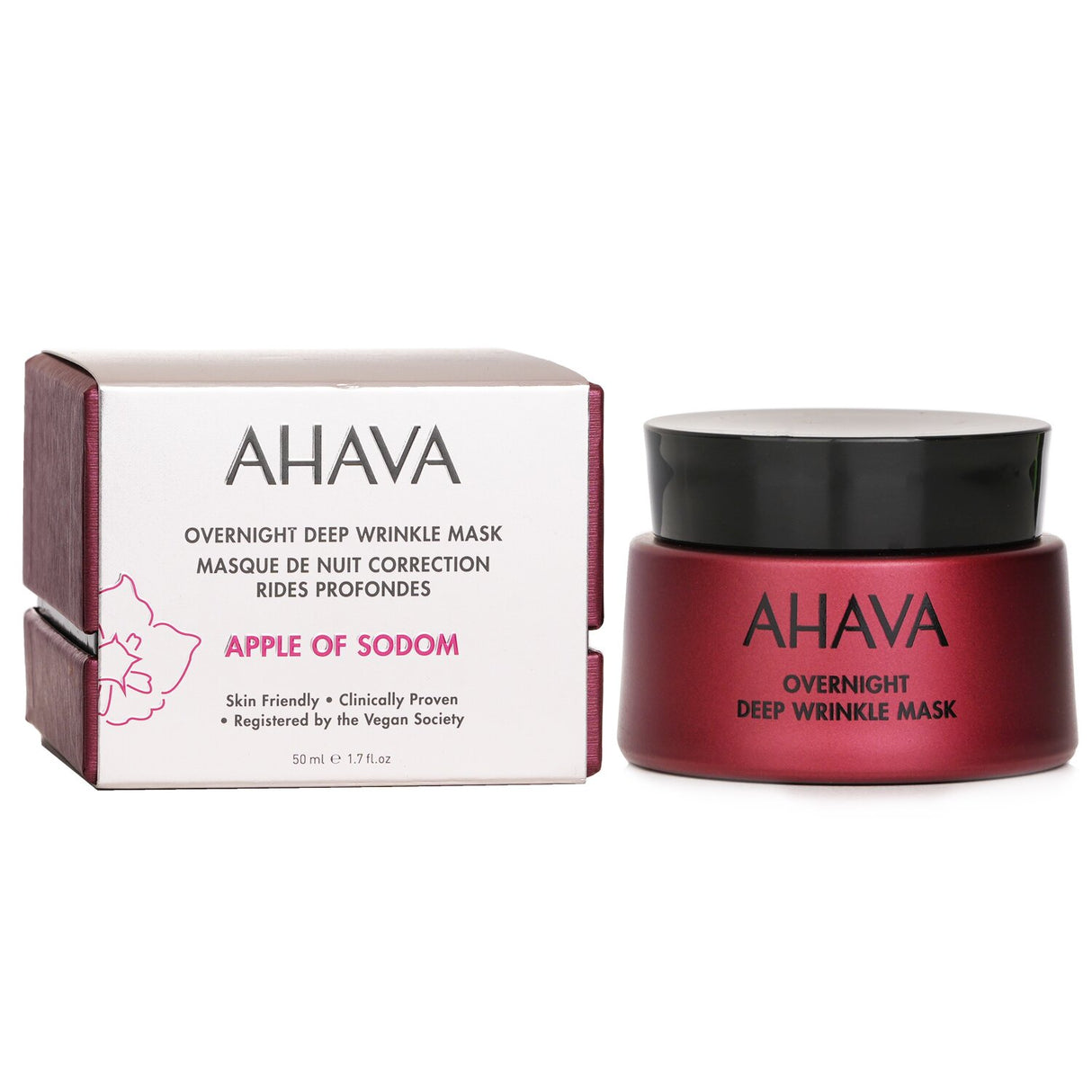 Ahava Apple Of Sodom Overnight Deep Wrinkle Mask in a sleek container, designed for rejuvenating and smoothing deep wrinkles overnight.