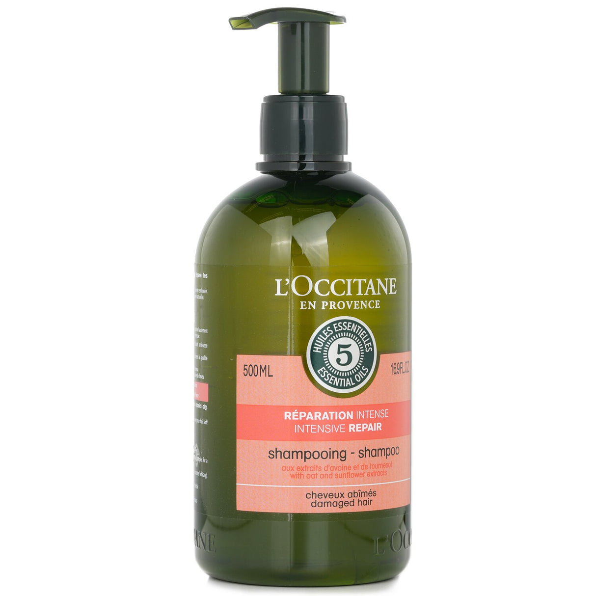 L'Occitane Aromachologie Intensive Repair Shampoo in a 500ml bottle, designed for damaged hair, restores strength and vitality.