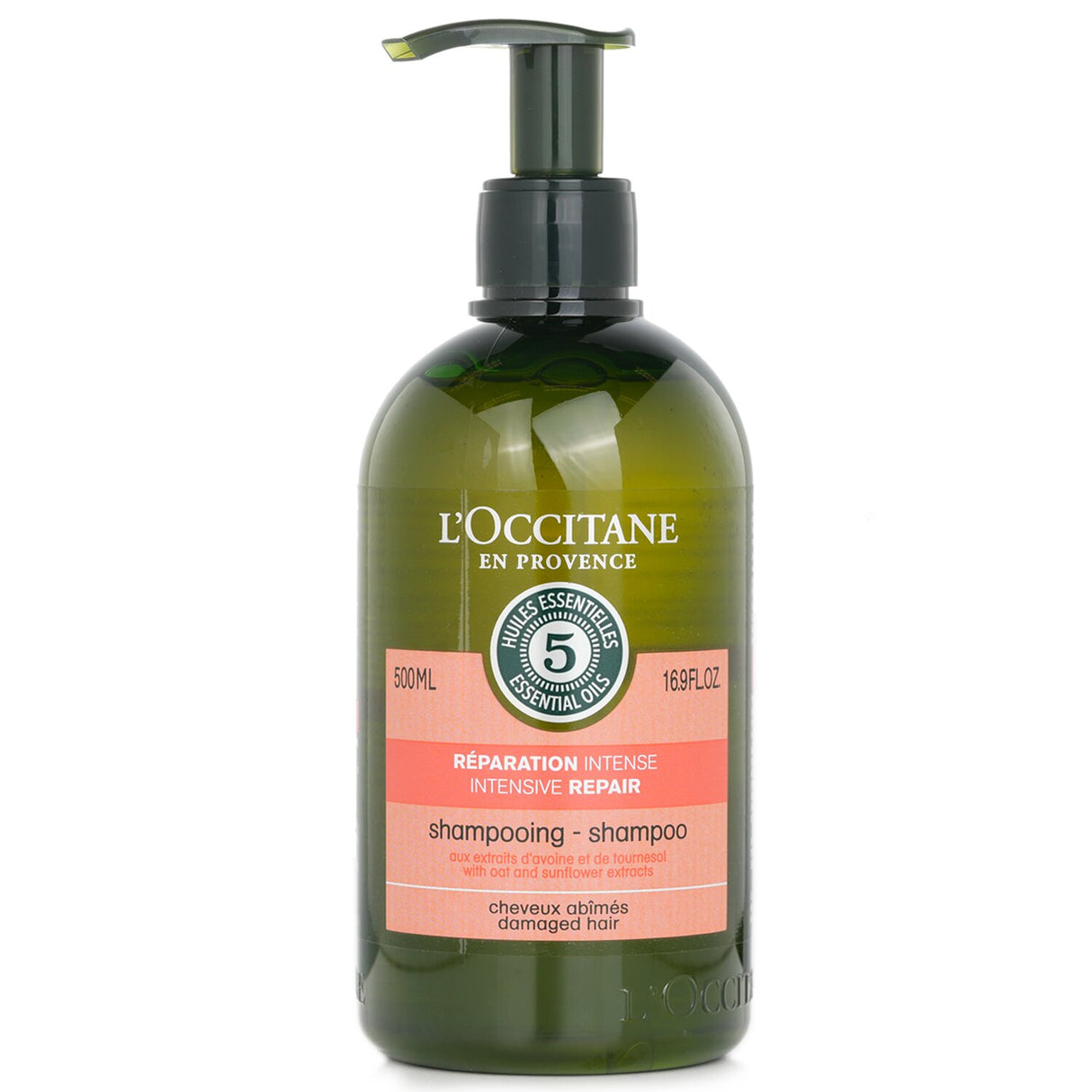 L'Occitane Aromachologie Intensive Repair Shampoo in a 500ml bottle, designed for damaged, dry, and brittle hair care.