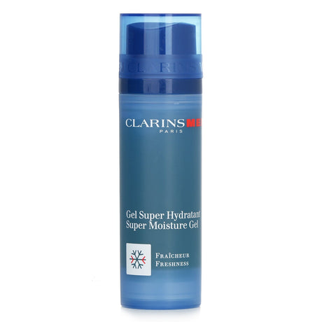 Clarins Men Super Moisture Gel in 50ml, a non-oily moisturizer that hydrates, soothes, and strengthens men's skin barrier.