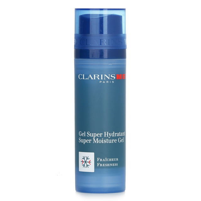 Clarins Men Super Moisture Gel in 50ml, a non-oily moisturizer that hydrates, soothes, and strengthens men's skin barrier.