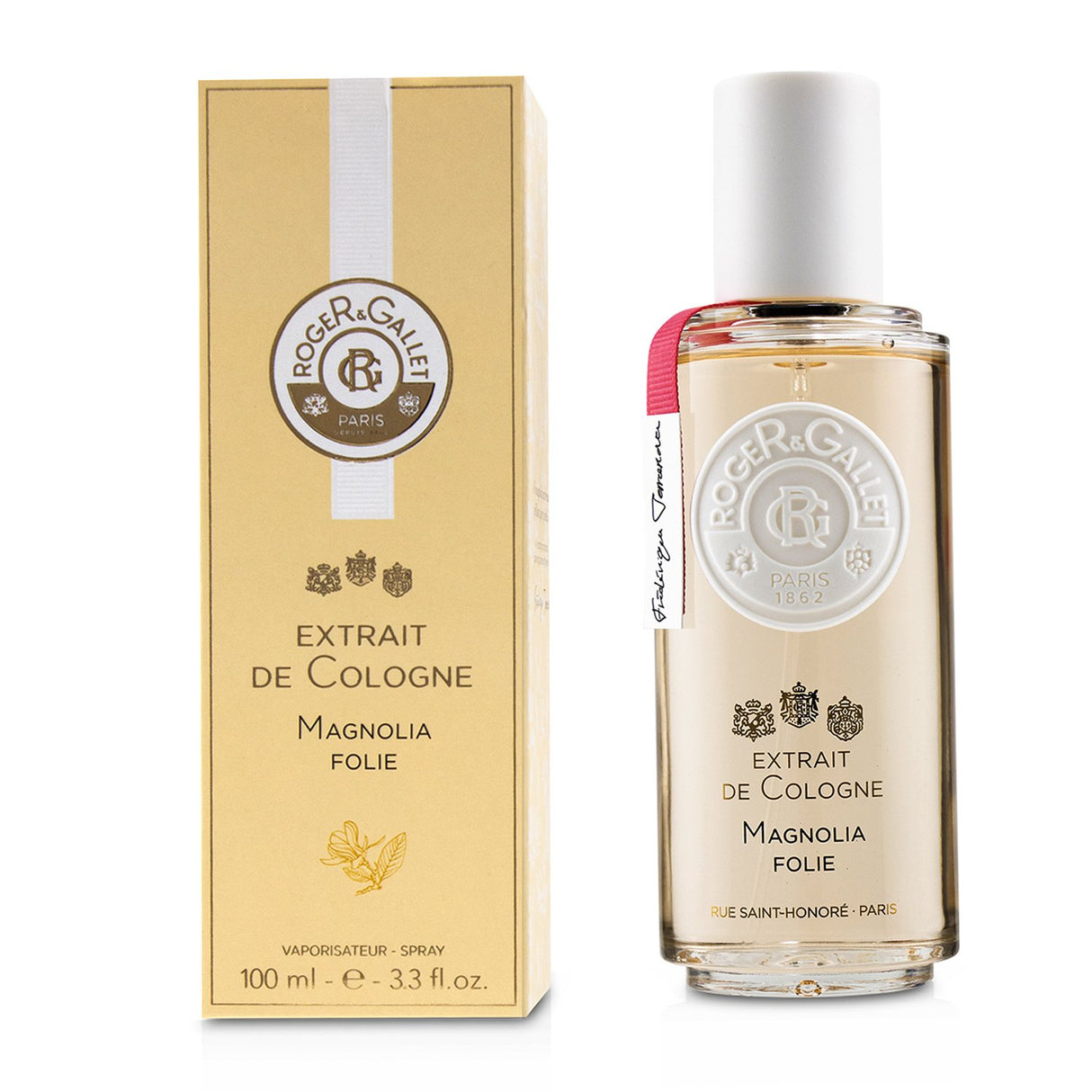 Floral woody fragrance spray featuring notes of cassis, jasmine, and magnolia, ideal for modern women. 100ml bottle.