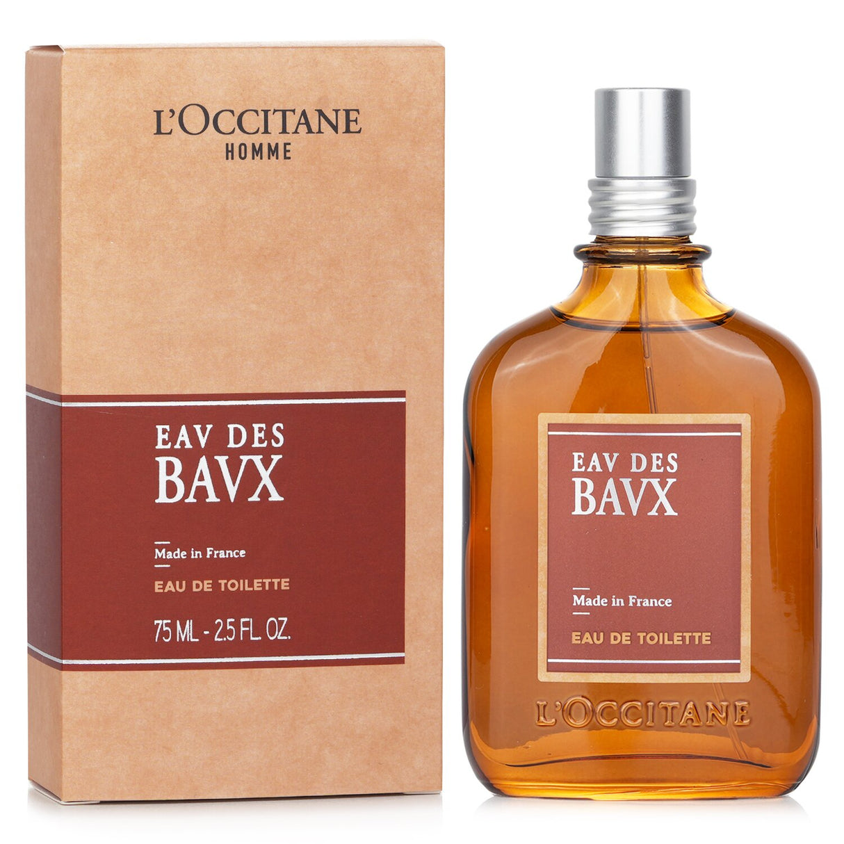 Elegant 75ml L'Occitane Eau Des Bavx fragrance for men, featuring bergamot, frankincense, vanilla, and cedarwood notes.