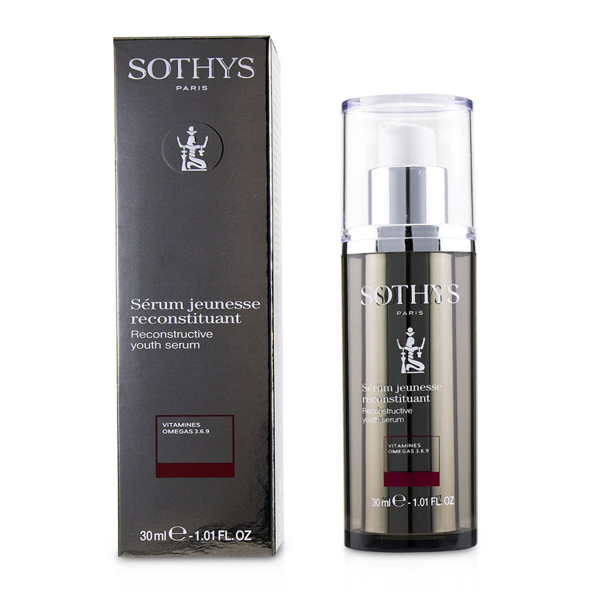 Sothys Reconstructive Youth Serum in a 30ml bottle, featuring a gel-oil texture for deep hydration and anti-aging benefits.