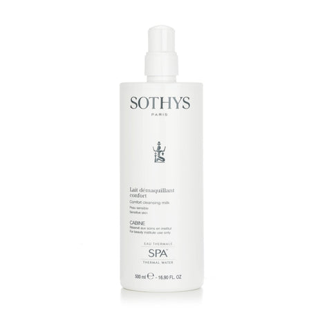 Sothys Comfort Cleansing Milk in salon size gently cleanses sensitive skin, infused with thermal water and cotton extract for softness.